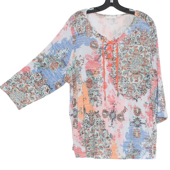 Susan Graver Tunic Top 3/4 Sleeve Boho Abstract Artsy Flowy Peasant Casual 2X - Picture 1 of 7